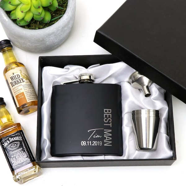 Engraved Black Stainless Steel Hip Flask with Limited Edition Design - Groomsman Gift - Bridal Party Gift - Best Man Gift