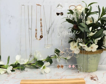 Personalised Jewellery Organiser - Clear Acrylic Stand With Name Laser Engraved, Jewellery Display with Oak Base Made To Order
