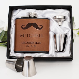 Engraved Leather/Black 6oz Hip Flask Gift Set - Groomsman Gift - Bridal Party Gift - Best Man Gift