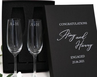 Engraved Double Champagne Glass Set Engagement Gift with Printed Gift Box