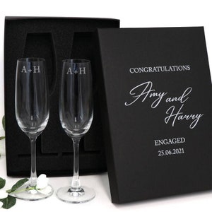 Engraved Double Champagne Glass Set Engagement Gift with Printed Gift Box
