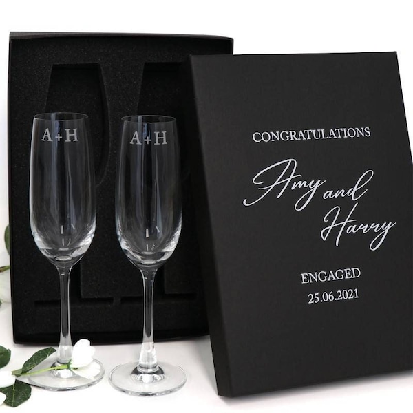 Engraved Double Champagne Glass Set Engagement Gift with Printed Gift Box