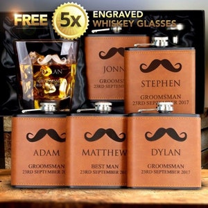 5x Engraved Hip Flask Gift Personalised Wedding Groomsman Black LEATHER ETTE + 5 x Free Engraved Whiskey Glasses valued at 14.99 ea