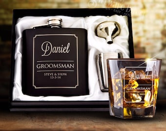 Engraved 6oz Black Wedding Hip Flask Gift Set Personalised Bomboniere Favor Gift Box with FREE WHISKEY GLASS