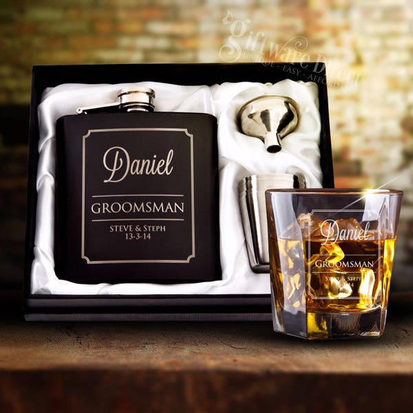 Engraved 6oz Black Wedding Hip Flask Gift Set Personalised Bomboniere Favor Gift Box with FREE WHISKEY GLASS
