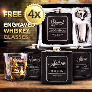 4x Black Engraved Hip Flask Gift Personalised Wedding Groomsman Bridal Party Gift Boxed, with FREE whiskey glasses