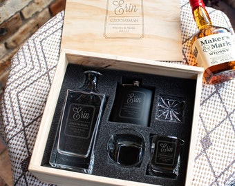 Personalised Decanter Set in Wooden Gift Box with 2 Whiskey Glasses & Black Flask Groomsmen Best Man Wedding Gift
