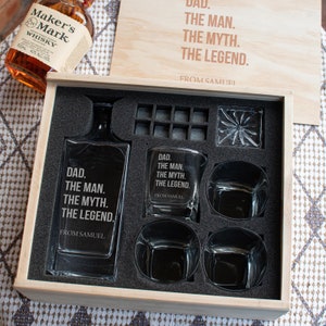 Engraved Premium Father's Day Whiskey Decanter in Wooden Box with 4 Whiskey Glasses and Stones