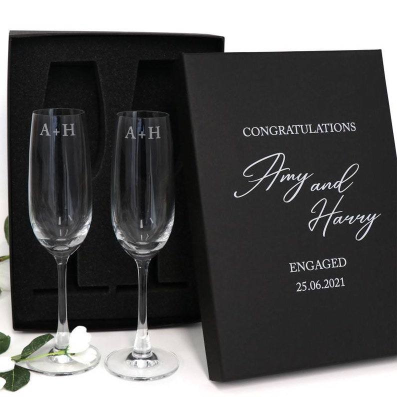 Engraved Double Champagne Glass Set Engagement Gift with Printed Gift Box image 3