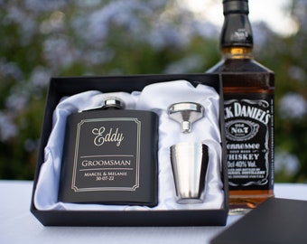 6oz Black Hip Flask Gift Set Engraved Stainless - Groomsman Gift - Bridal Party Gift - Best Man Gift