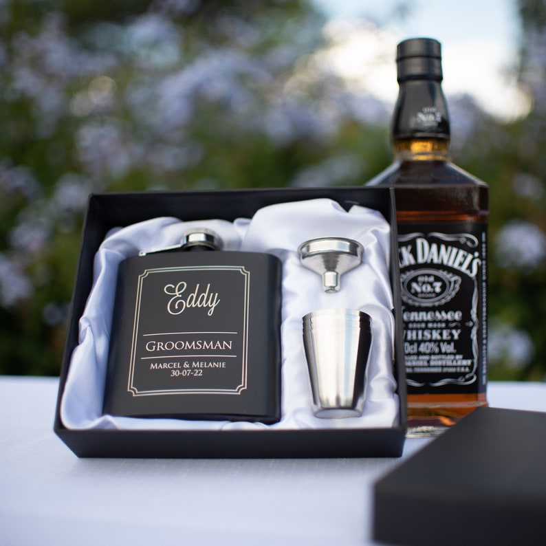 6oz Black Hip Flask Gift Set Engraved Stainless Groomsman Gift Bridal Party Gift Best Man Gift image 1