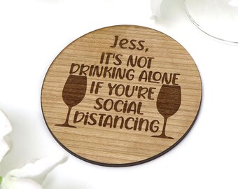 Personalised Round Wooden Engraved Coaster Quarantine Isolation Gift