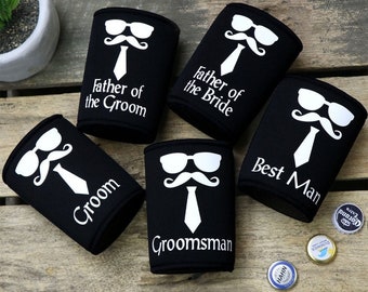 Bridal Party Stubby Holder Wedding Gift Black Neoprene Gift for Groom, Best Man, Groomsman, Father of the Bride and Groom