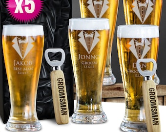 5 x Engraved Schooner Beer Glasses & Free Bottle openers 420ml Groomsman Wedding Gift - With Gift Box Option - Free Shipping Aus Wide