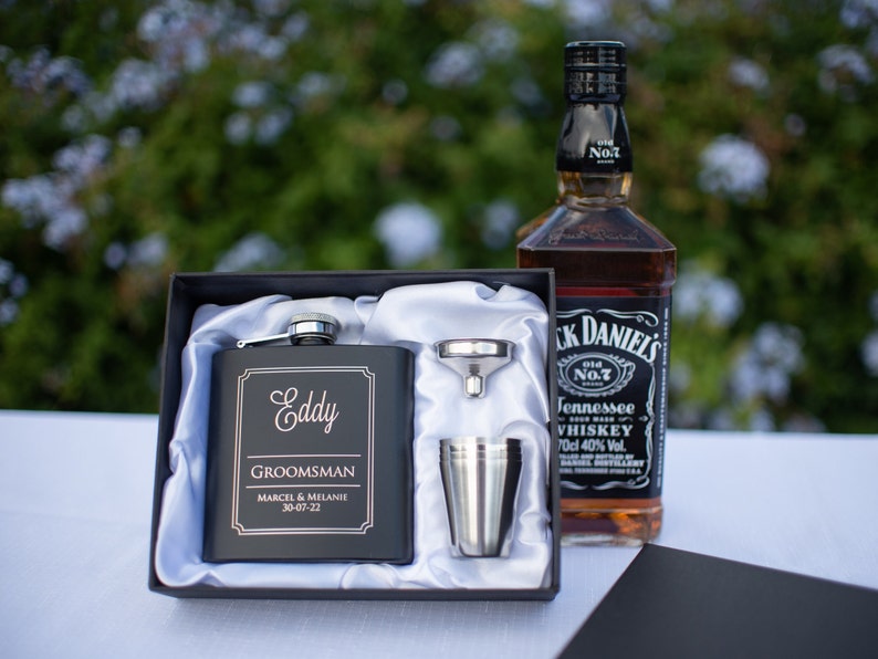 6oz Black Hip Flask Gift Set Engraved Stainless Groomsman Gift Bridal Party Gift Best Man Gift image 2