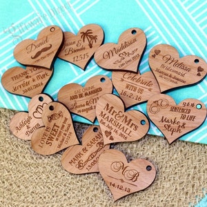 Engraved Heart Wooden Gift Tag with Raffia, Wedding Favour - QTY- 25, 50, 75, 100, 150 + FREE SHIPPING