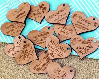 Engraved Heart Wooden Gift Tag with Raffia, Wedding Favour - QTY- 25, 50, 75, 100, 150 + FREE SHIPPING
