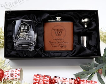 Ultimate Christmas Pack - Engraved Personalised Brown Leather Flask & Whiskey Glass Set Xmas Gift