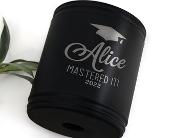 Engraved Black Stainless Steel Stubby Holder Personalised for Graduation University High School End of Year