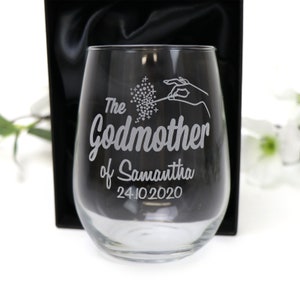 Engraved Stemless 500ml Wine Glass Personalised Gift for Godparents, Godmother or Godfather - Optional Gift Box