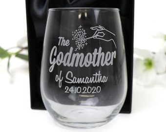 Engraved Stemless 500ml Wine Glass Personalised Gift for Godparents, Godmother or Godfather - Optional Gift Box