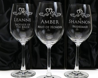 3x Personalised Wine Glasses 350ml Engraved Gift Wedding Favour Bridesmaid Personalised, BOX OPTION, Free Shipping