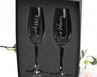 Engraved Double Champagne Glass Personalised Set Gift Boxed Wedding Anniversary Corporate