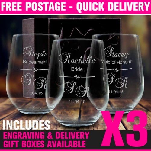 3 X Engraved Stemless Wine Glasses 500ml Bridesmaid Wedding Etsy