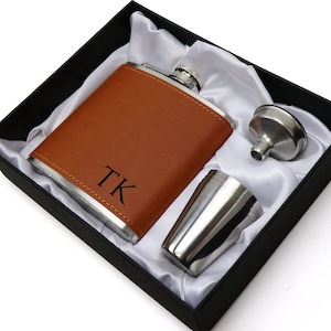 6oz Leatherette / Silver Hip Flask Gift Set Limited Edition Intials Design Groomsman Gift Birthday Gift for Him