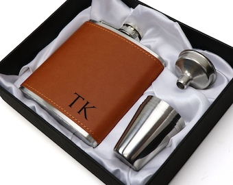 6oz Leatherette / Silver Hip Flask Gift Set Limited Edition Intials Design Groomsman Gift Birthday Gift for Him
