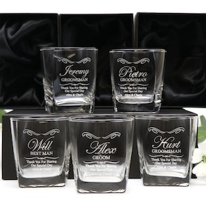 5 x Engraved Whisky Scotch Glasses 270ml Groomsman Wedding - Quartet Style Glass with Gift Box Option - Free Shipping Aus Wide