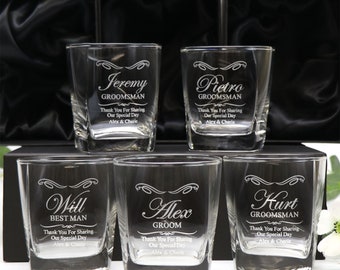 5 x Engraved Whisky Scotch Glasses 270ml Groomsman Wedding - Quartet Style Glass with Gift Box Option - Free Shipping Aus Wide