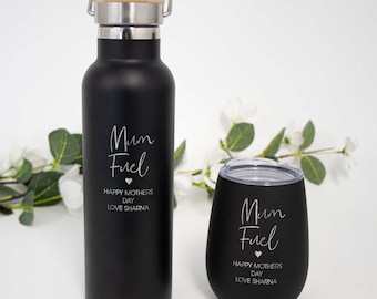 Engraved Matching Black Drink Bottle with Travel Mug - Personalised Mother's Day Gift