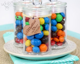 Glass Lolly Jar with Personalised Wooden Gift Tag - Wedding Favour - QTY 25, 50, 75, 100, 150 + FREE SHIPPING