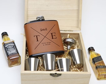 Personalised Leatherette Flask and Printed Timber Keepsake Box Gift for Father's Day