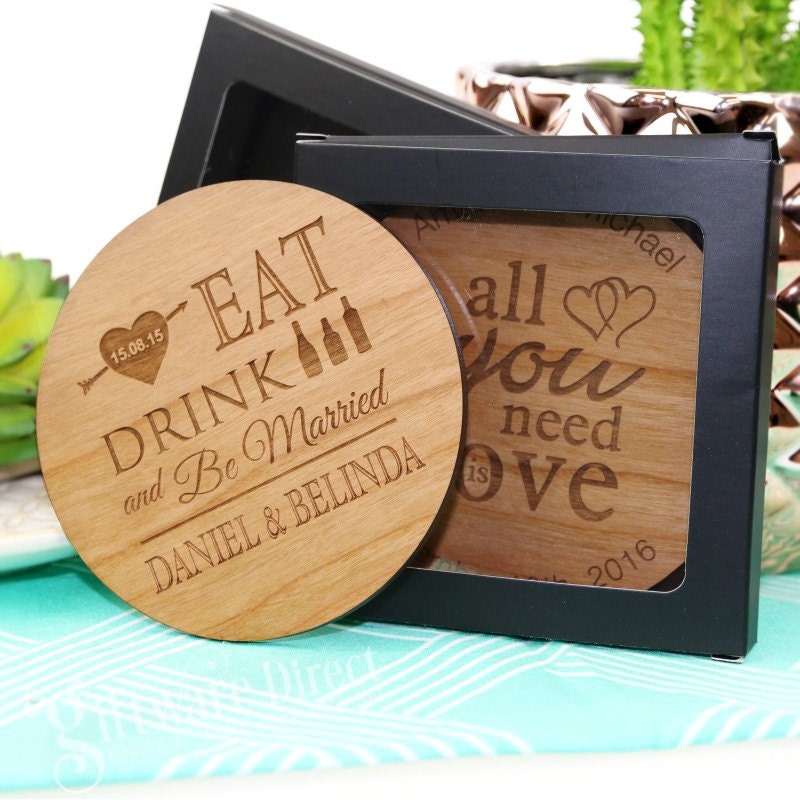 Engraved Wooden Round Wedding Coasters Gift Box Option FREE Etsy
