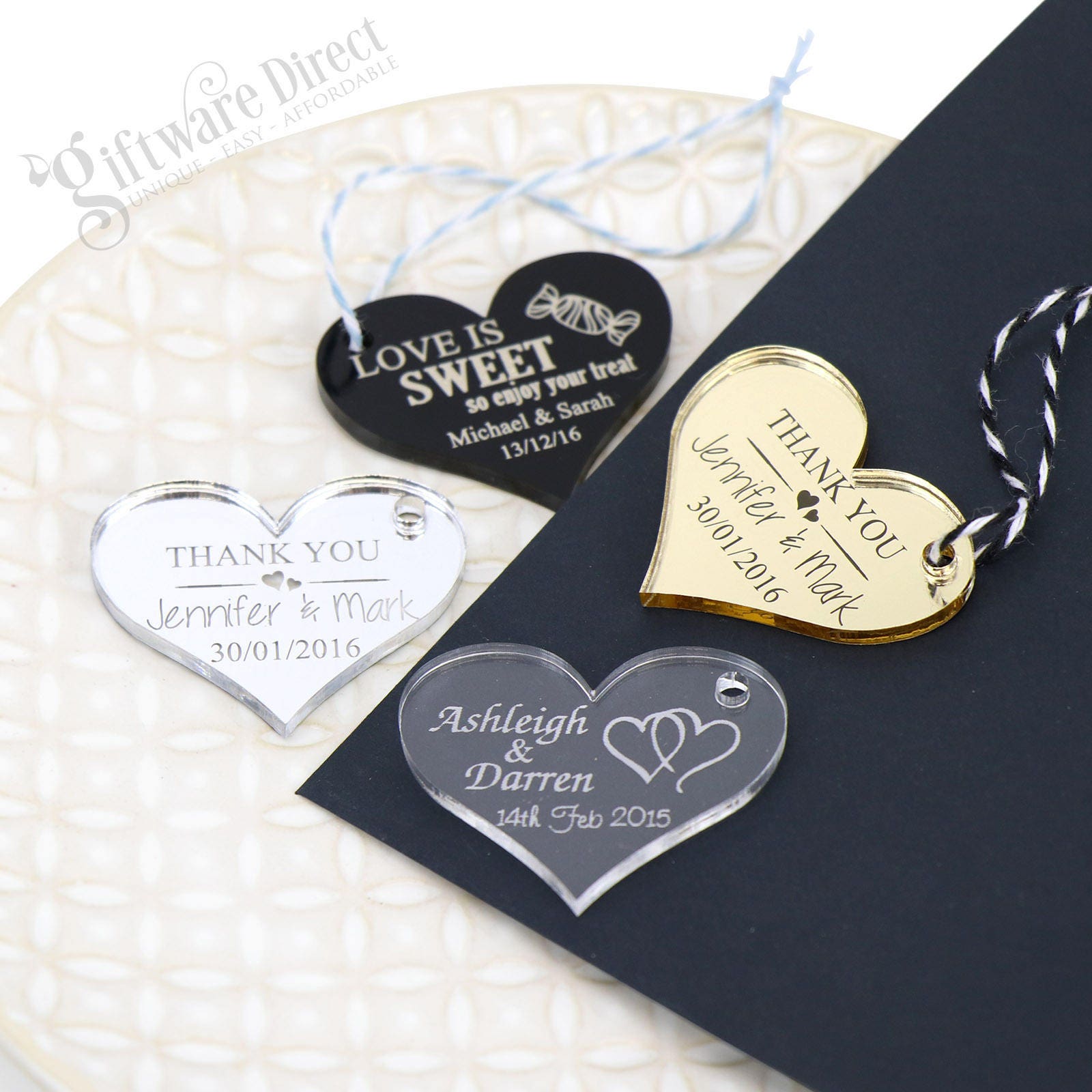 Engraved Acrylic Heart Wedding Gift Tags