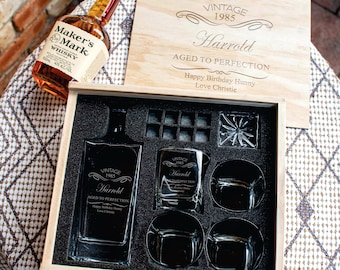 Engraved Premium Personalised Birthday Whiskey Decanter in Wooden Box with 4 Whiskey Glasses and Stones Custom Gift