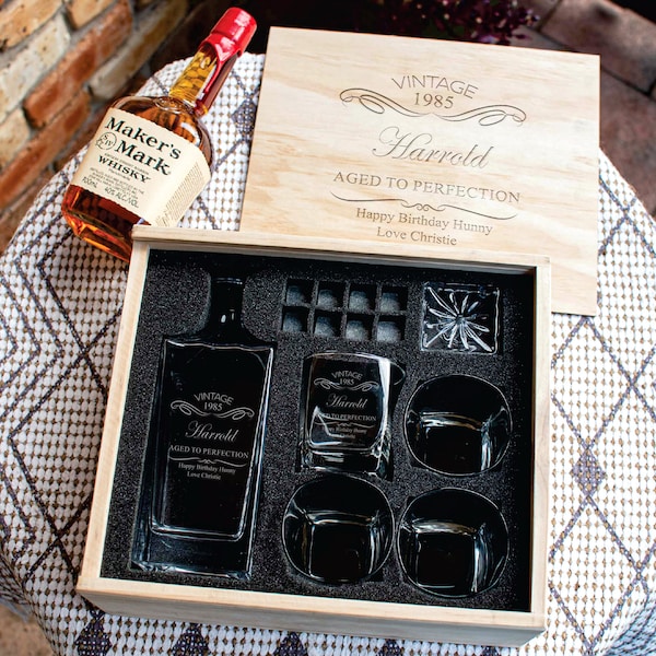 Engraved Premium Personalised Birthday Whiskey Decanter in Wooden Box with 4 Whiskey Glasses and Stones Custom Gift