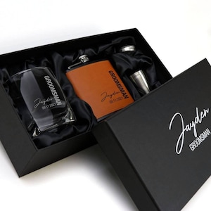 Ultimate Black Leatherette Groomsman Flask Set with Matching Whiskey Glass - Limited Time Design -  Groomsman Best Man Wedding Gift Set