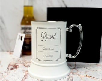 Matte White Beer Mug Tankard Engraved Stainless Steel Wedding Gift Personalised Bomboniere Groomsman Best Man