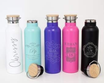 Engraved 600ml Stainless Steel Drink Bottle with Bamboo Lid Peronalised Birthday Gift