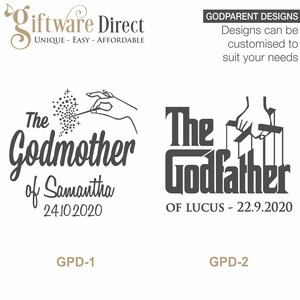 May include: Two black and white designs for godparents. The first design features a hand holding a magic wand with the text "The Godmother of Samantha 24.10.2020". The second design features a hand holding strings attached to a puppet with the text "The Godfather of LUCUS - 22.9.2020".