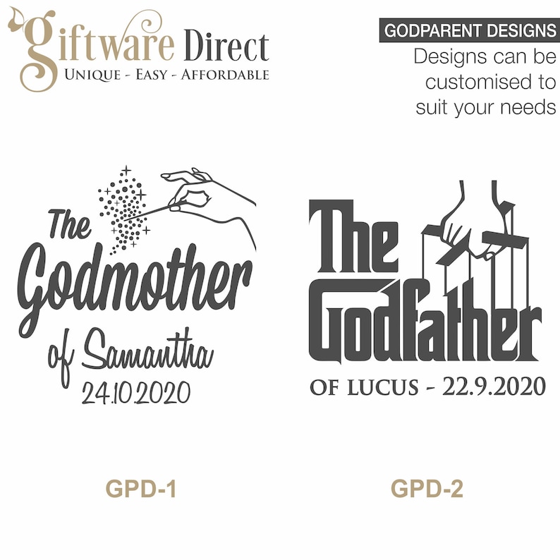 May include: Two black and white designs for godparents. The first design features a hand holding a magic wand with the text "The Godmother of Samantha 24.10.2020". The second design features a hand holding strings attached to a puppet with the text "The Godfather of LUCUS - 22.9.2020".