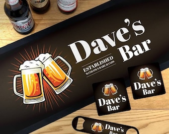 Personalised Barware Pack Including: Bar Runner, Bottle Opener & Four Coasters