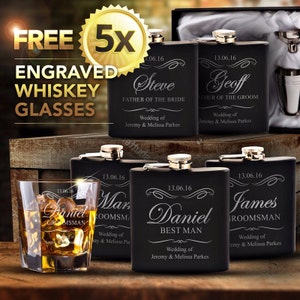 5 x Engraved Black Hip Flask Gift Sets Personalised Groomsman Gift with Quick Production. 6oz Flask with Shotties & Funnel In Gift Box