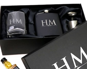 Engraved Barware Personalised Black Hip Flask and Whiskey Glass Set with printed gift box option