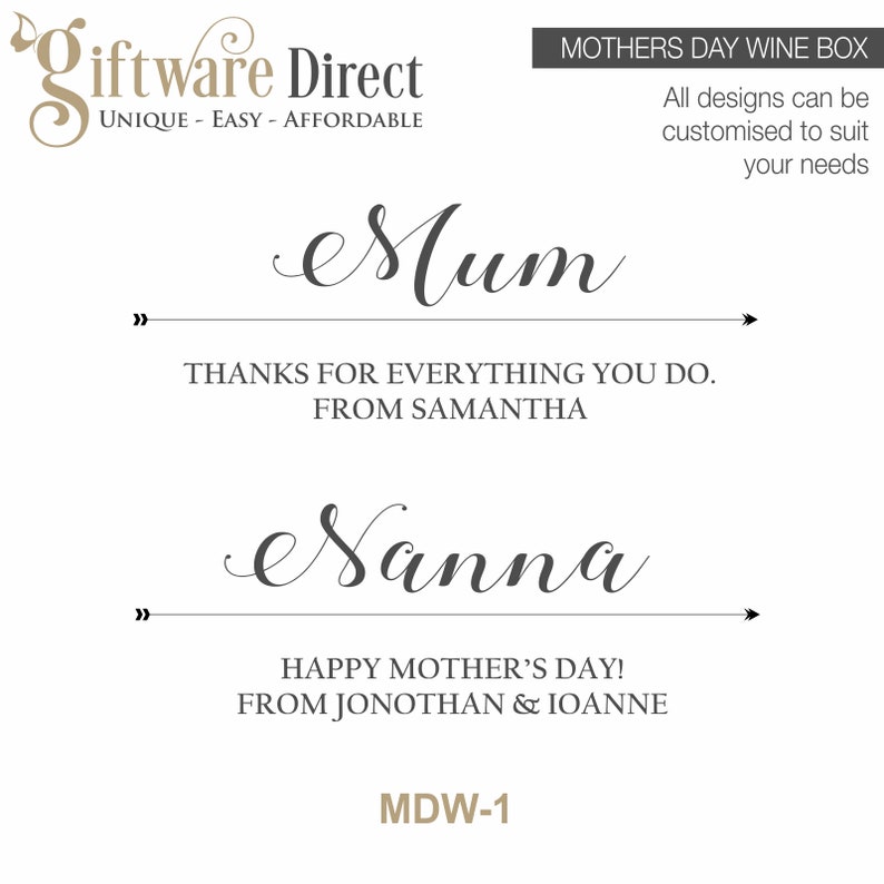 May include: A Mother's Day wine box with a personalized message. The box features a gray background with the text "Mum" and "Nanna" in cursive script. The text "Thanks for everything you do. From Samantha" and "Happy Mother's Day! From Jonathon & Ioanne" is also included. The box is labeled "MDW-1".
