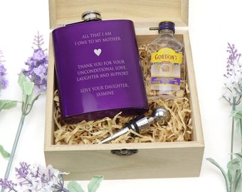 Engraved Purple Flask in Timber Mothers Day Personalised Keepsake Box - Gifts for Mothers Day Gift Mum Nan Grandma Wife Step-mum
