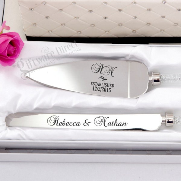 Personalised Engraved Cake Server Wedding Set Knife Engagement Stainless Silver Crystal Stem